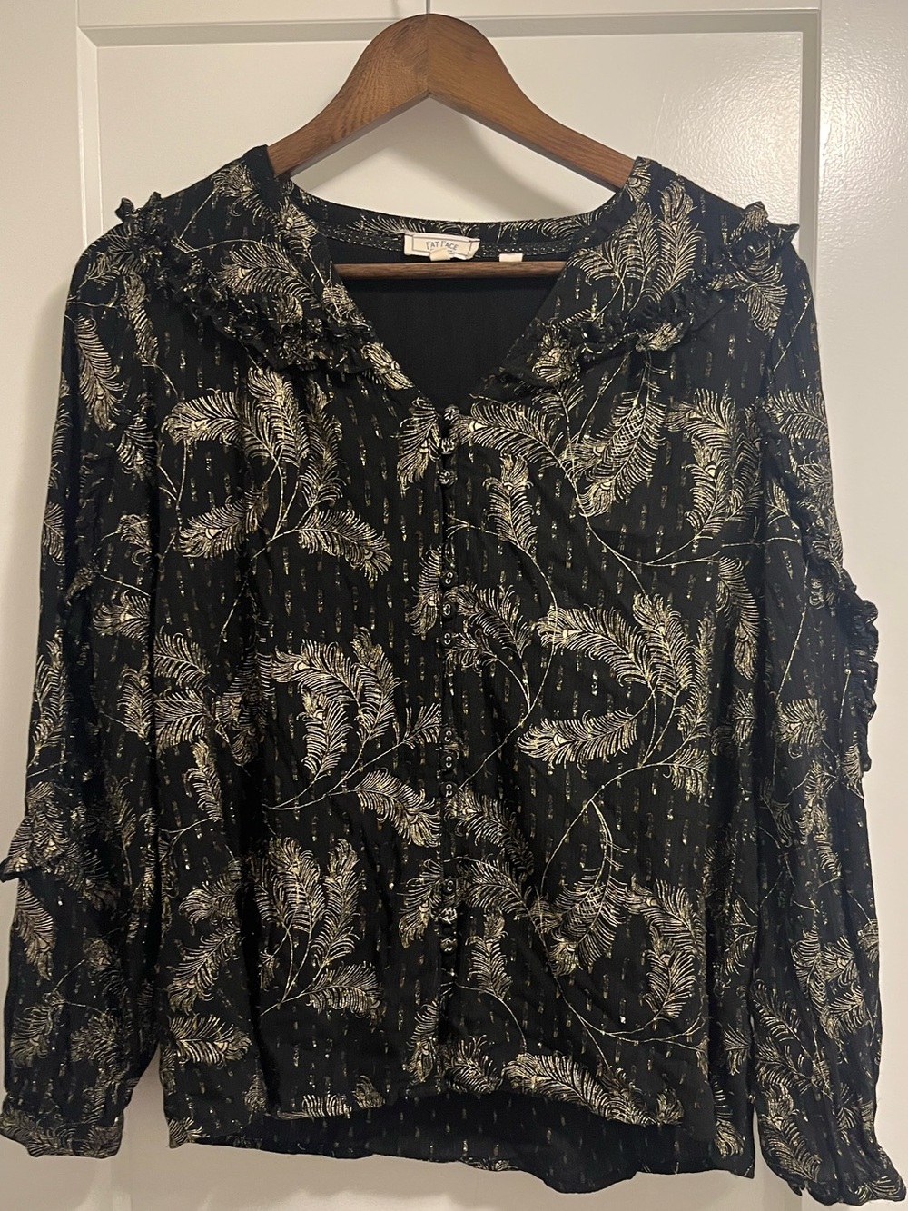 Fat Face Black Blouse with Gold Feather Print